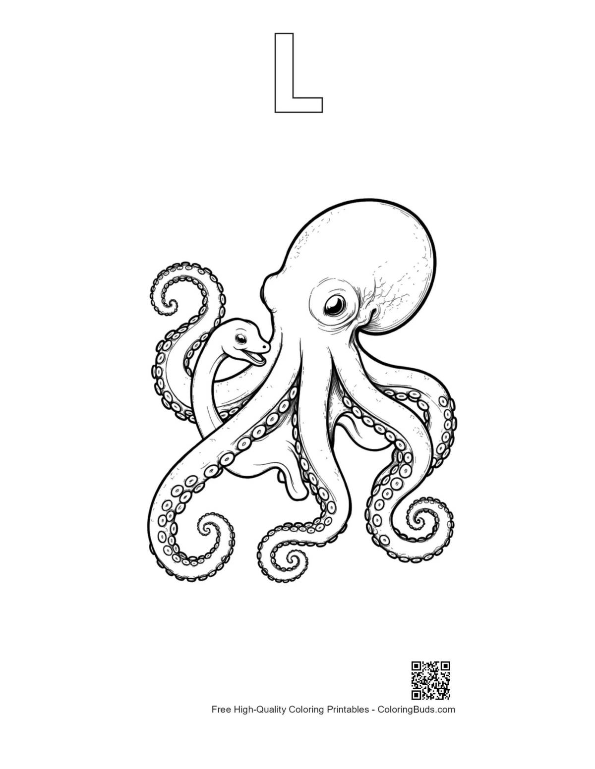 Giant octopus snake printable with letter L outline