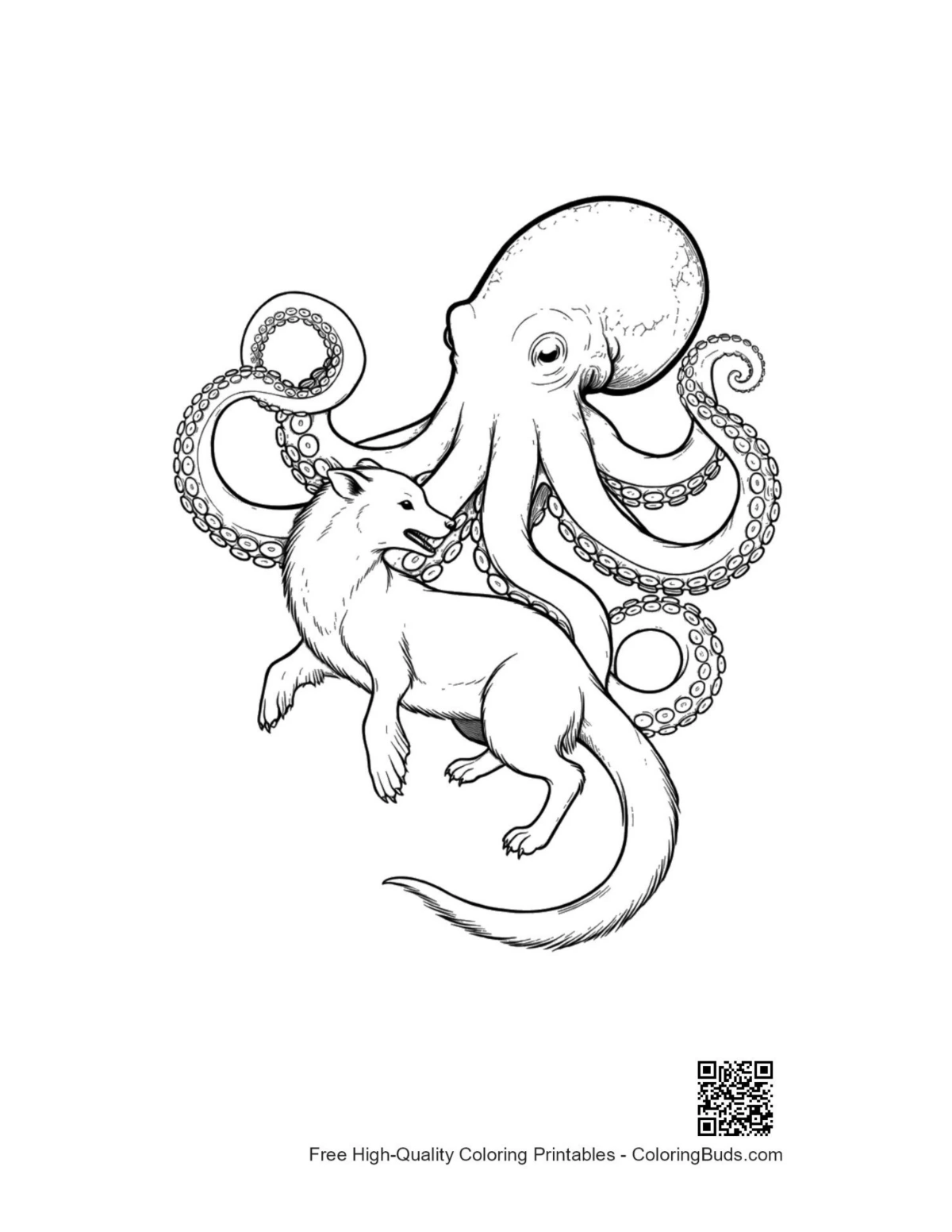 Line art illustration of giant octopus embracing fox