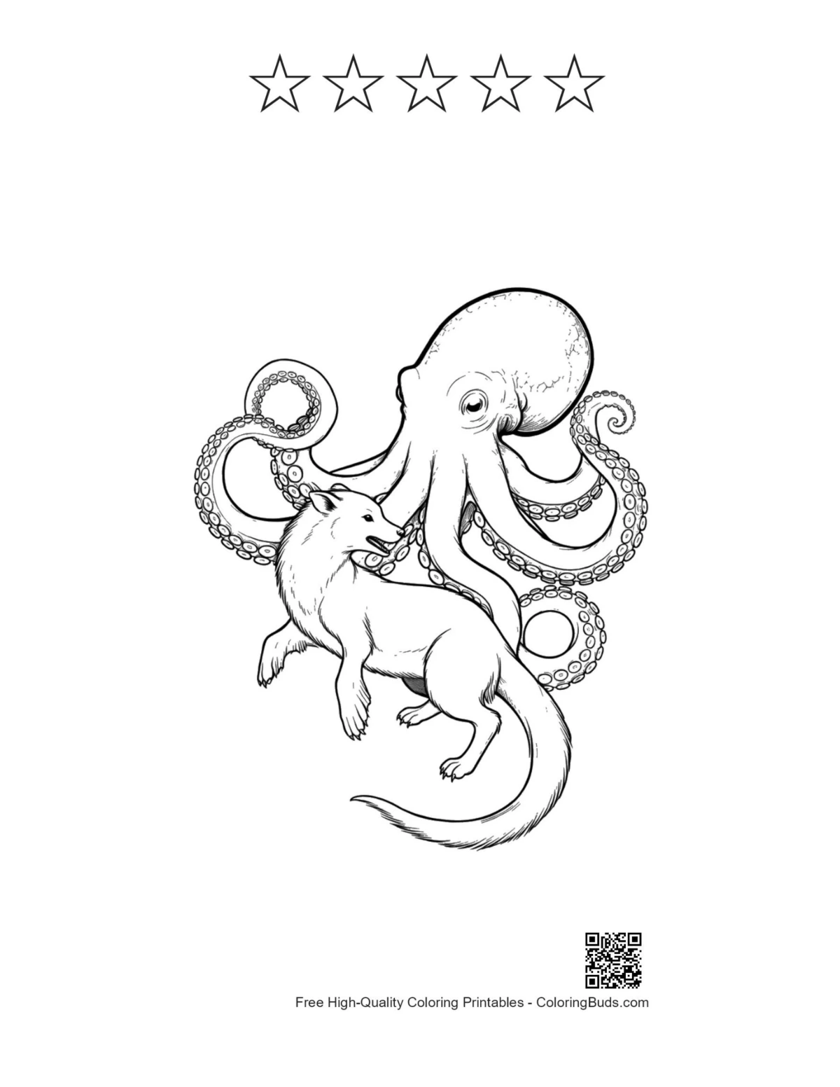 Giant octopus fox line art with 5 star outlines