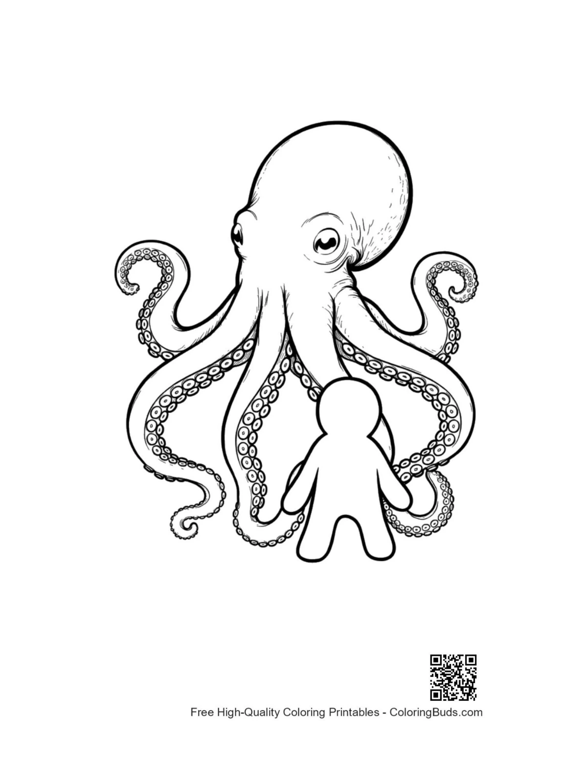 Giant octopus hugging stick figure illustration