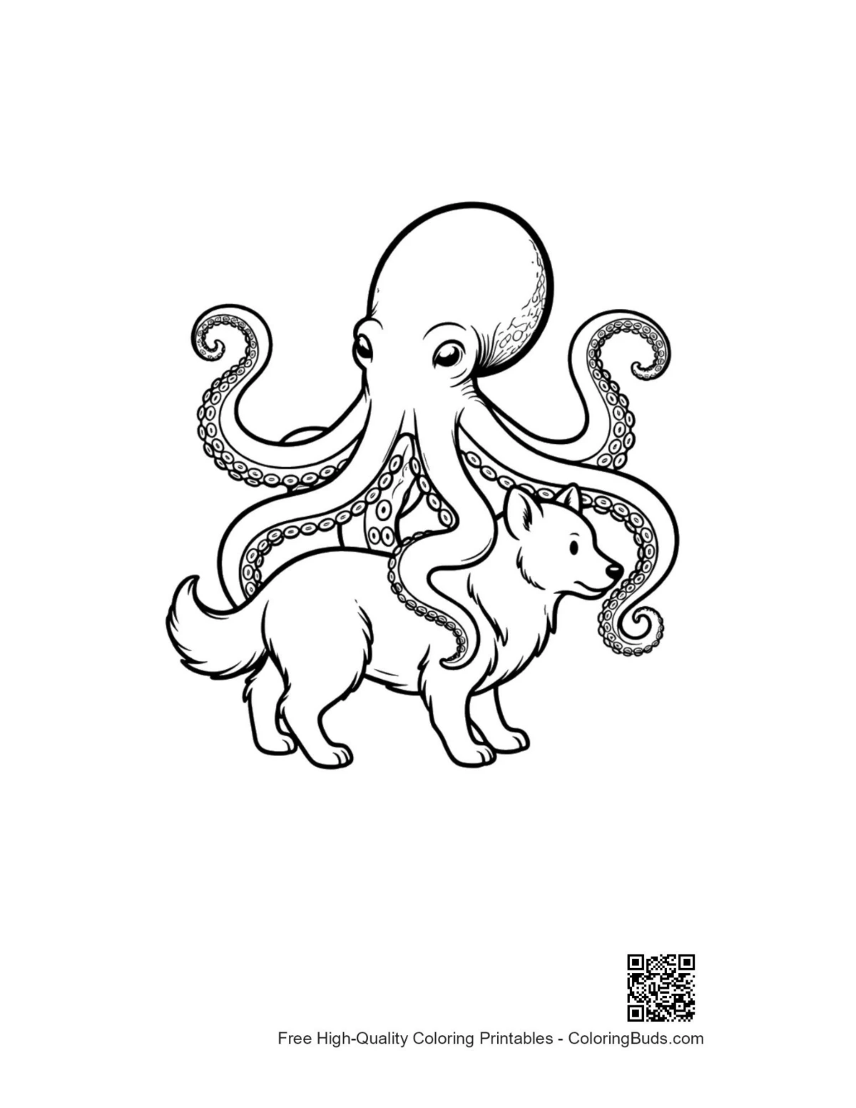 Giant octopus riding playful husky dog art