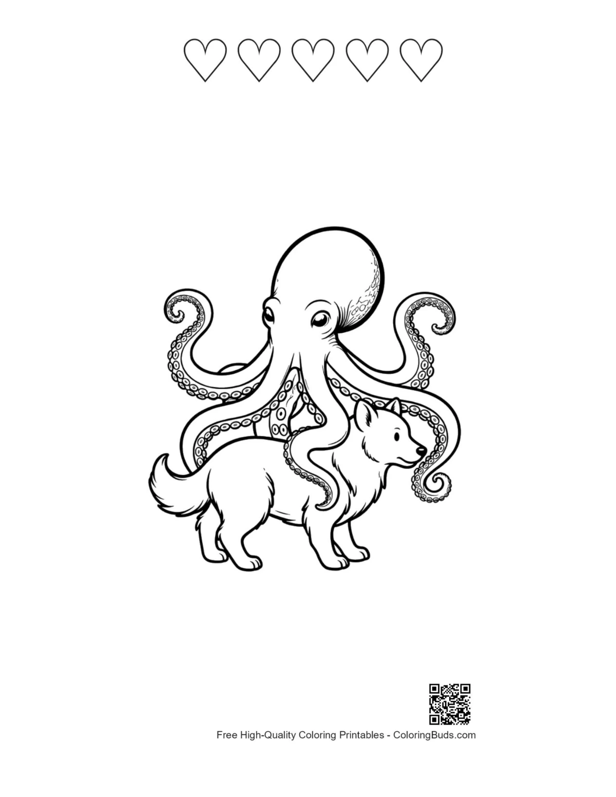 Giant octopus riding husky with heart outlines