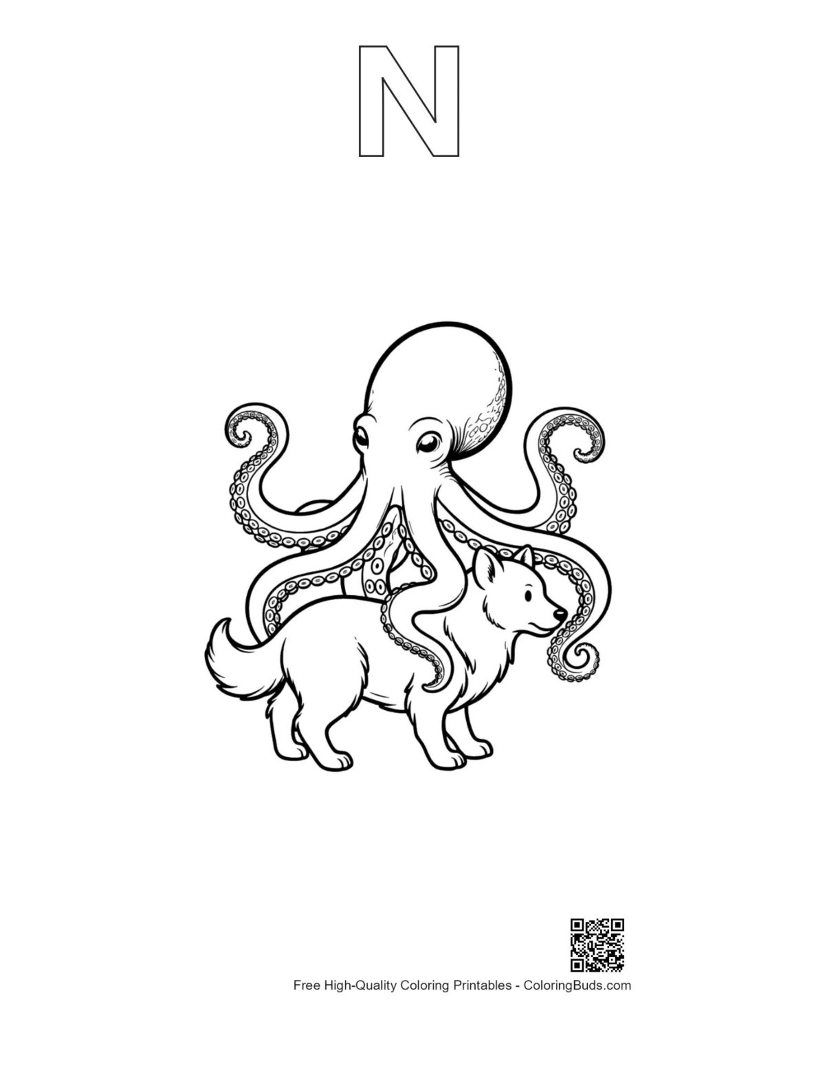 Outline printable giant octopus husky alphabet N
