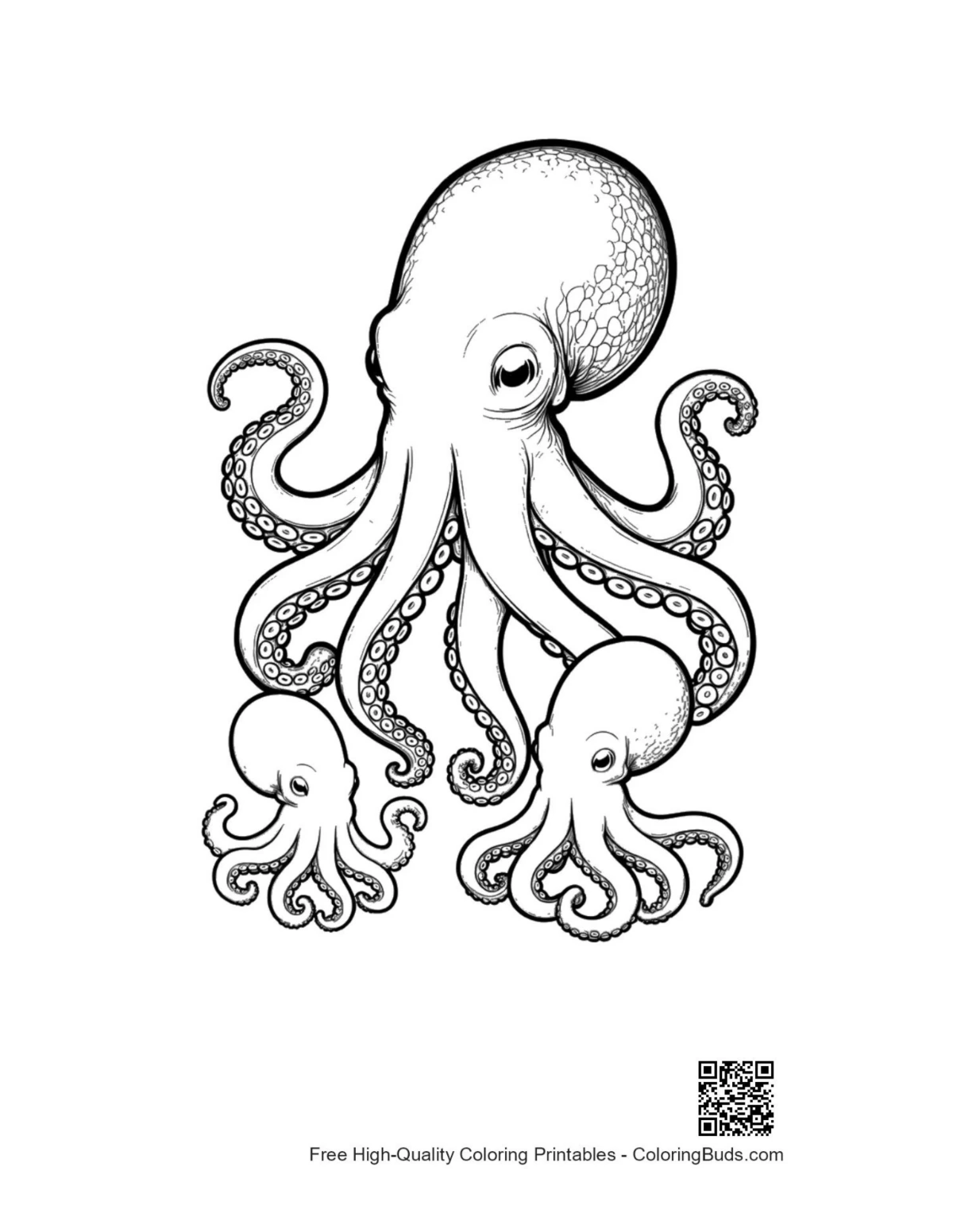 Giant octopus and baby octopuses outline printable