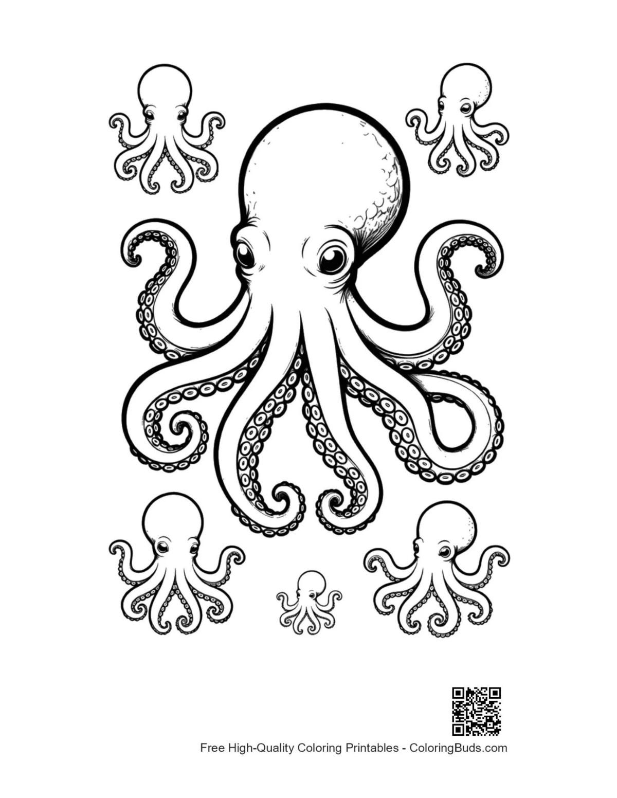 Giant octopus with baby octopuses printable outline