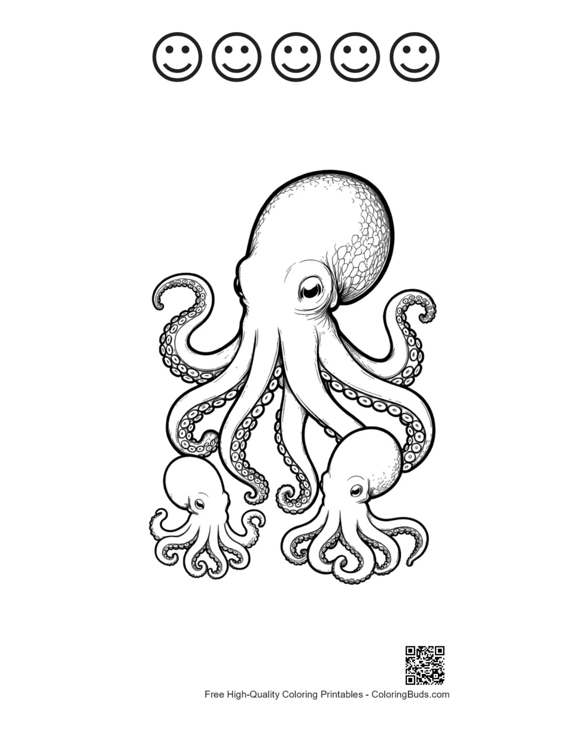 Happy faces on giant octopus with babies printable
