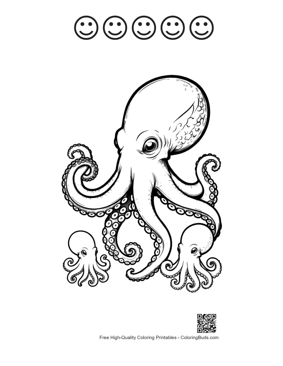 Giant octopus with happy faces printable outlines