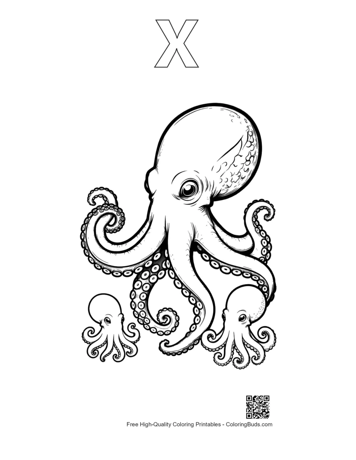Outline giant octopus coloring page with alphabet X