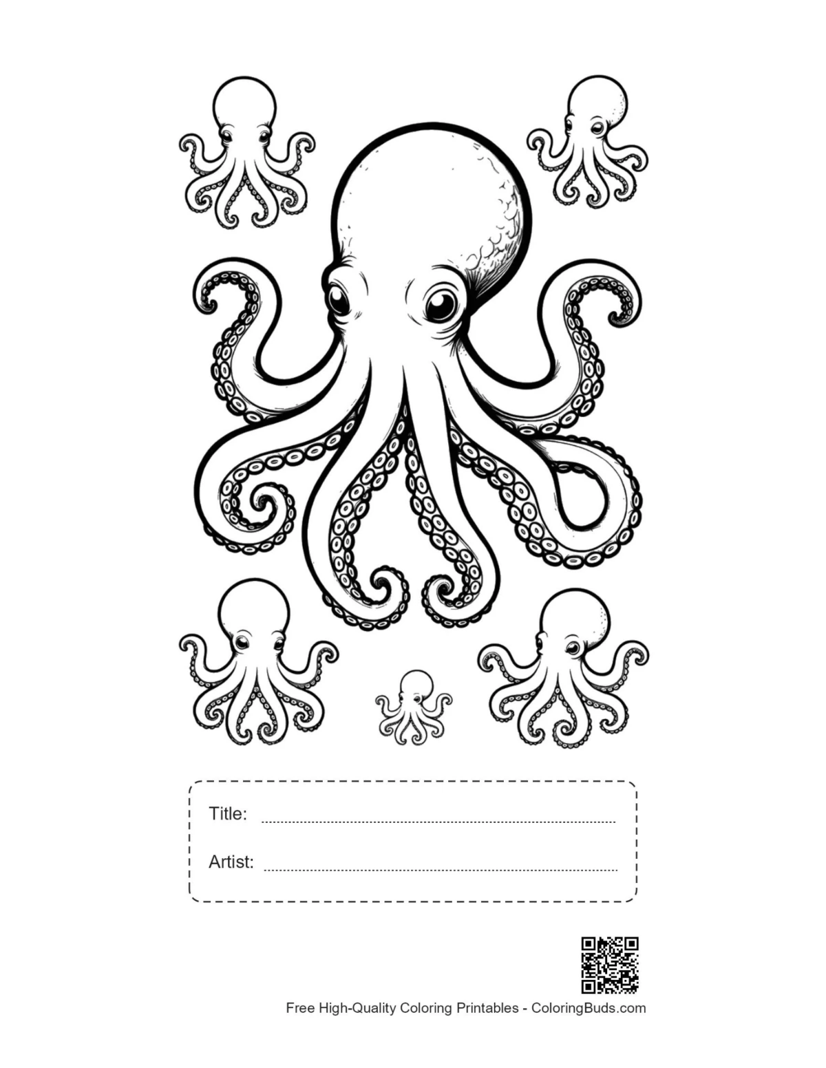 Printable giant octopus with babies, title and artist box
