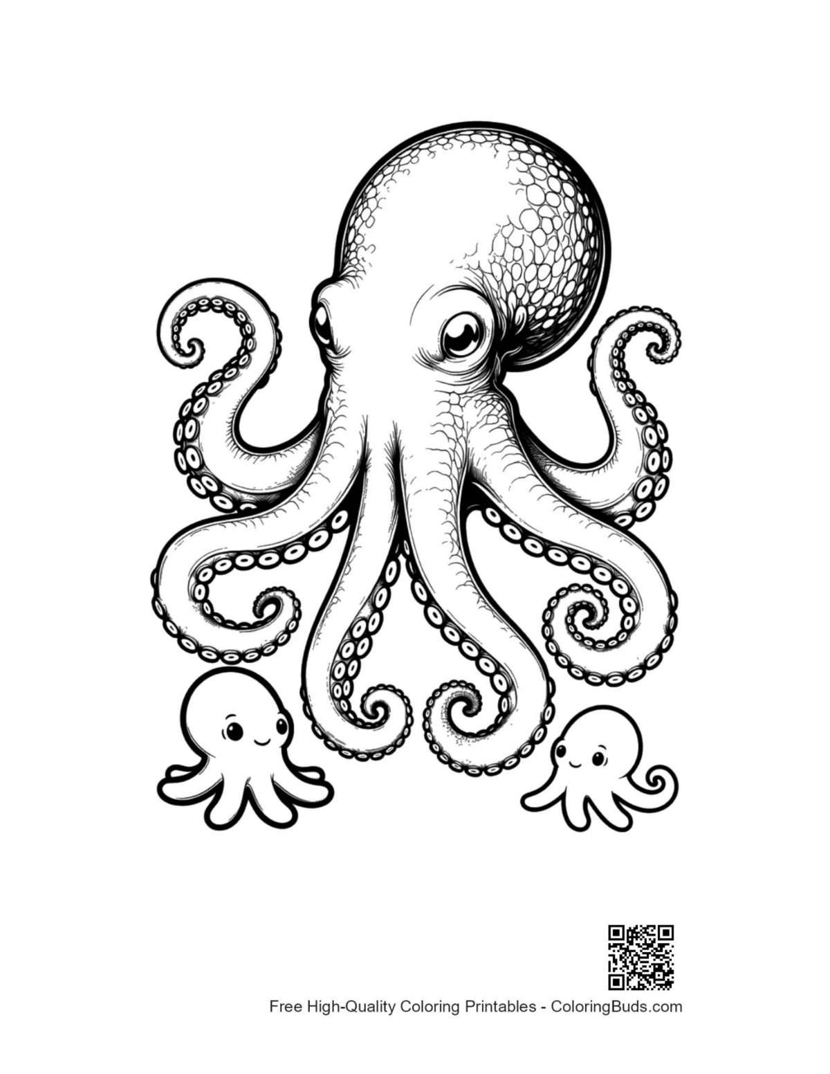 Playful giant octopus and baby octopuses illustration