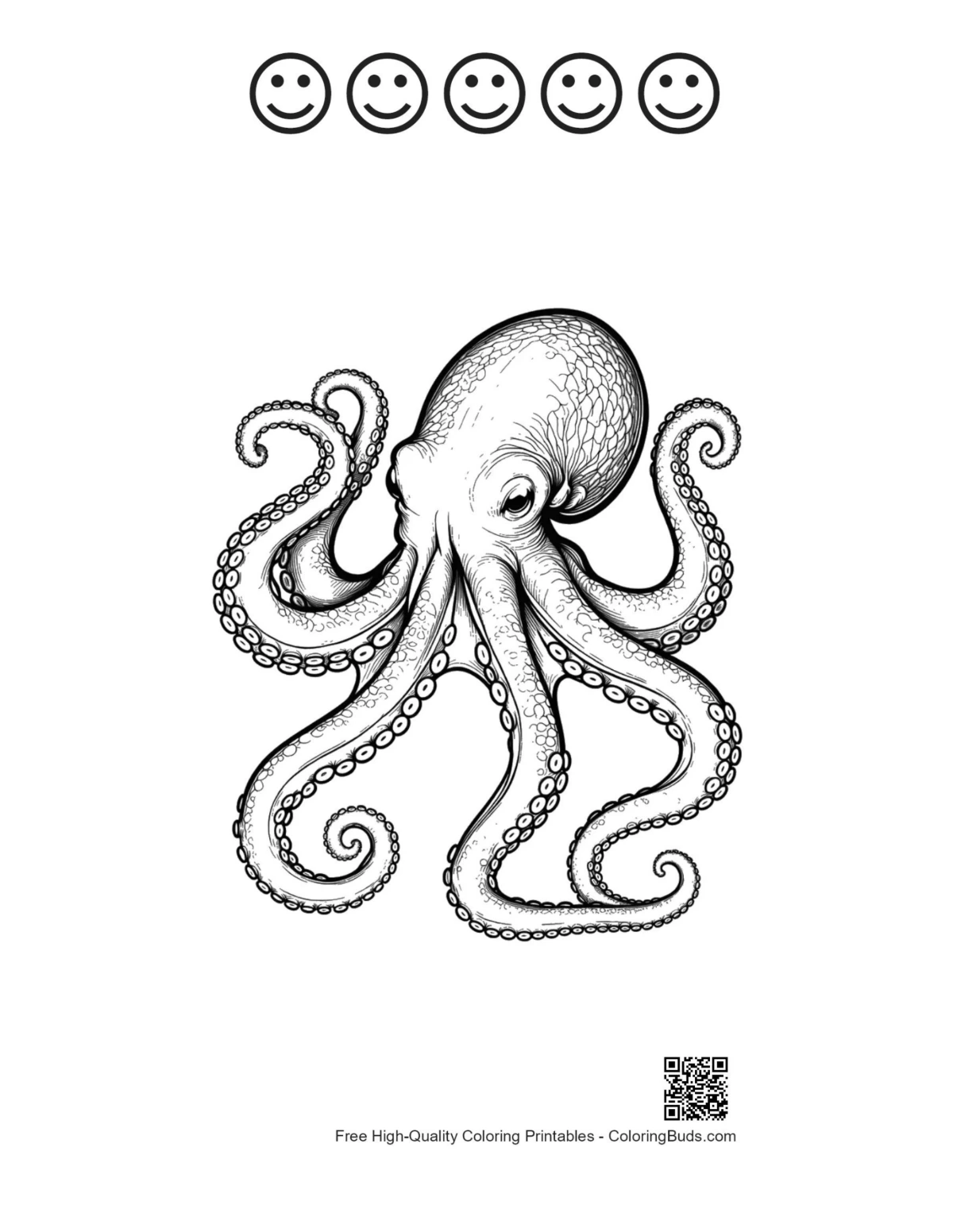 Printable ink-black octopus with happy faces