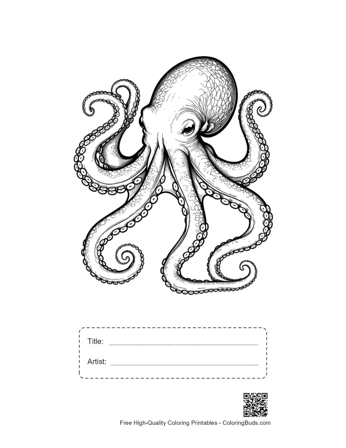 Printable gigantic ink-black octopus with title box