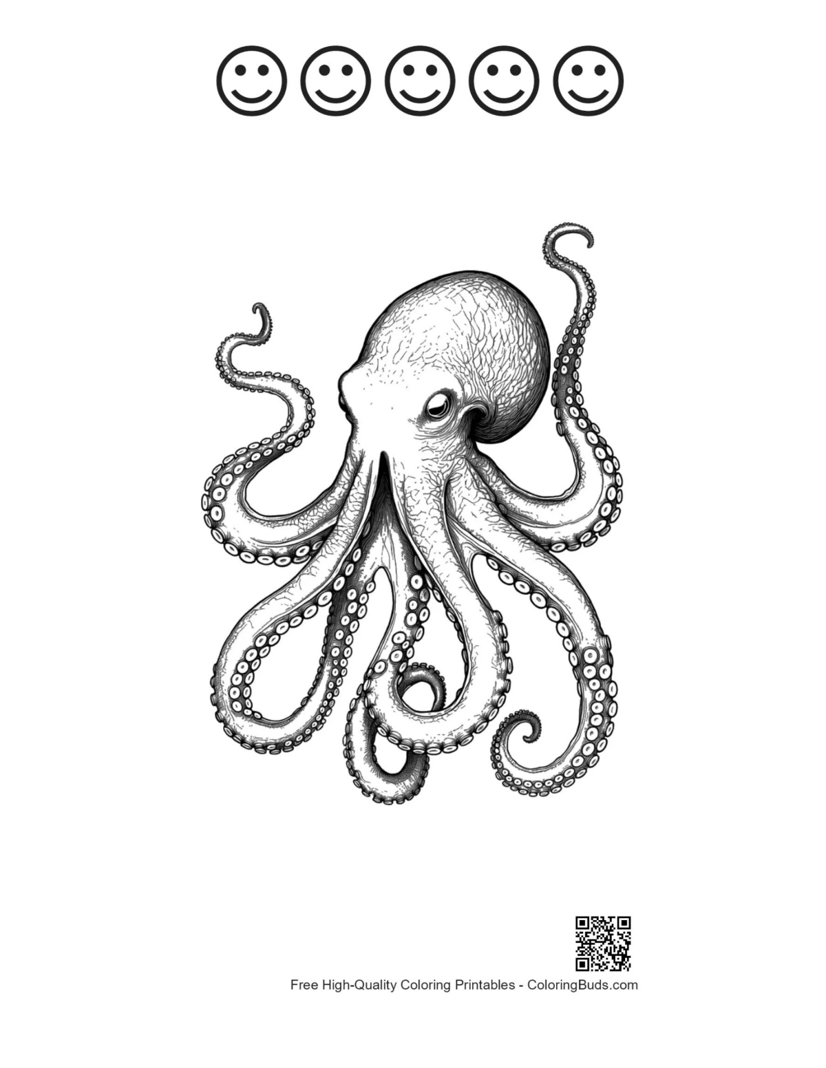 Gigantic octopus with happy faces in dynamic outline printable