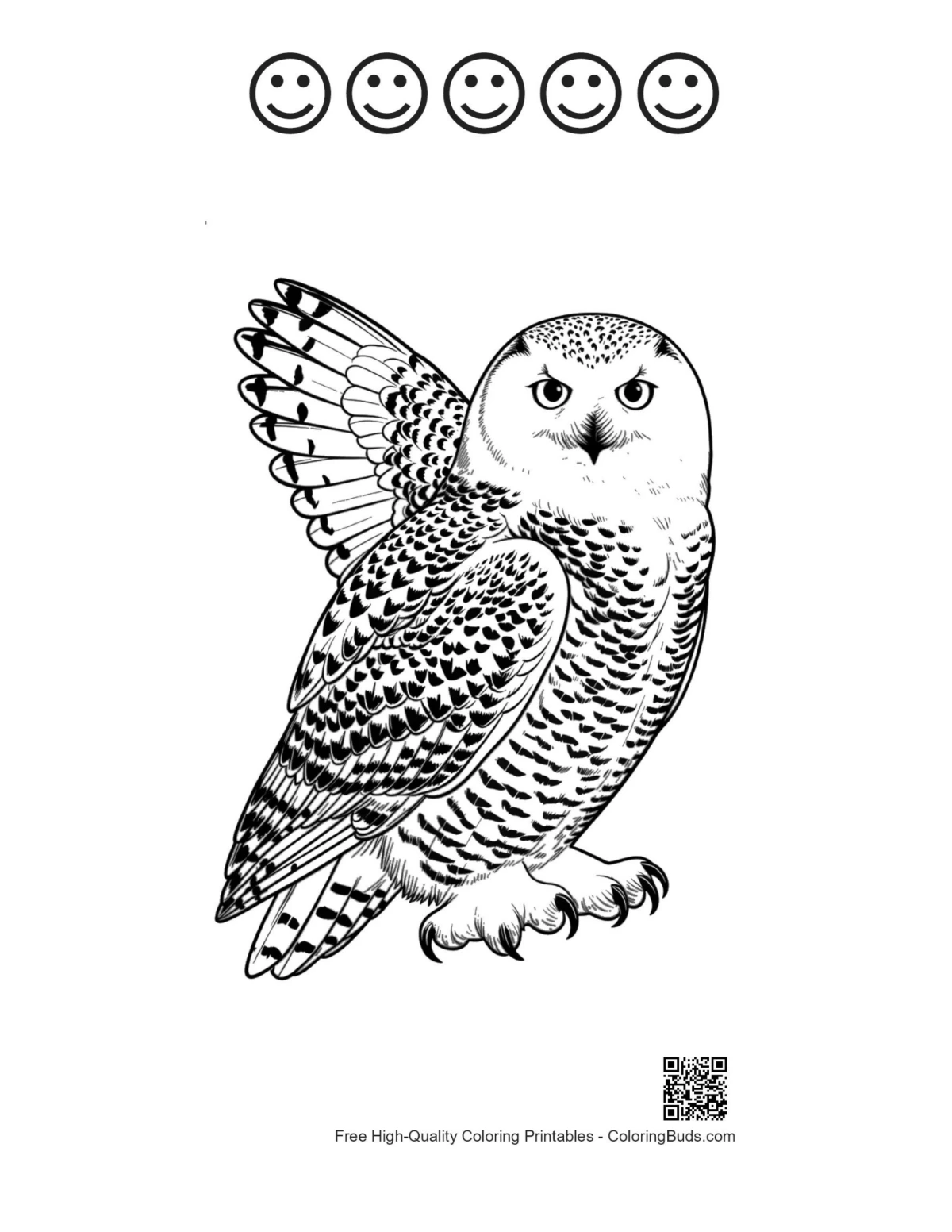Printable fierce snowy owl with happy face outlines