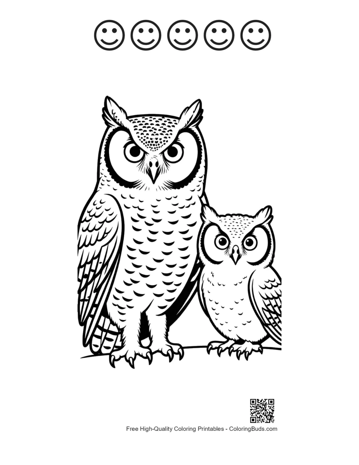 Printable Great Horned Owl and owlet with happy faces