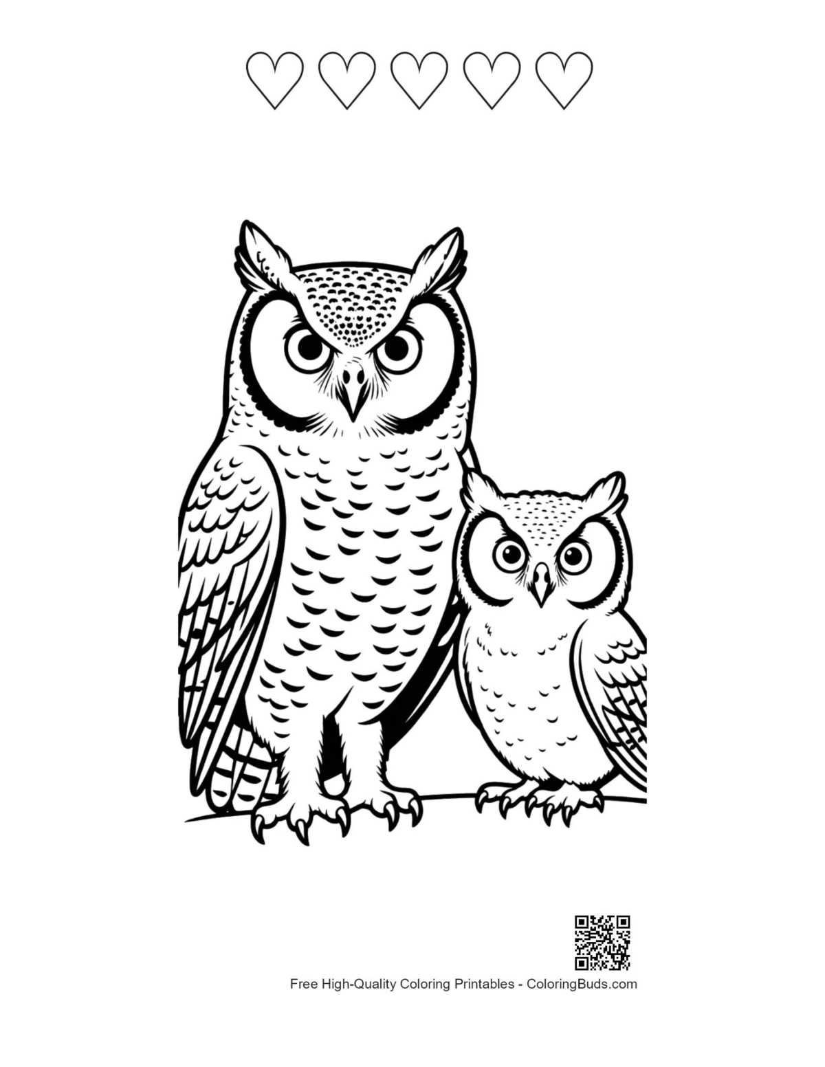 Heart-themed Great Horned Owl owlet gazing printable