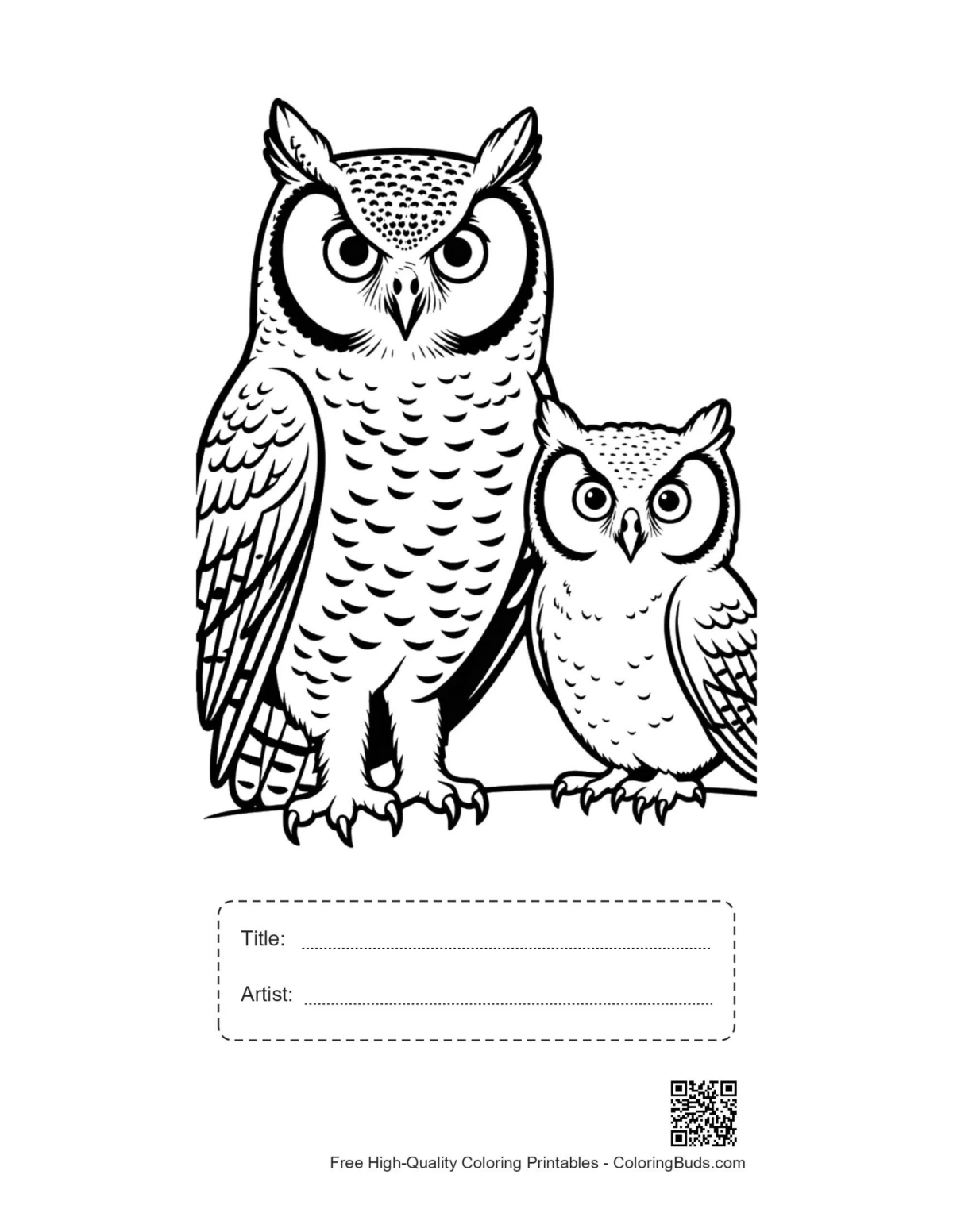 Printable Great Horned Owl gazing with owlet and title box