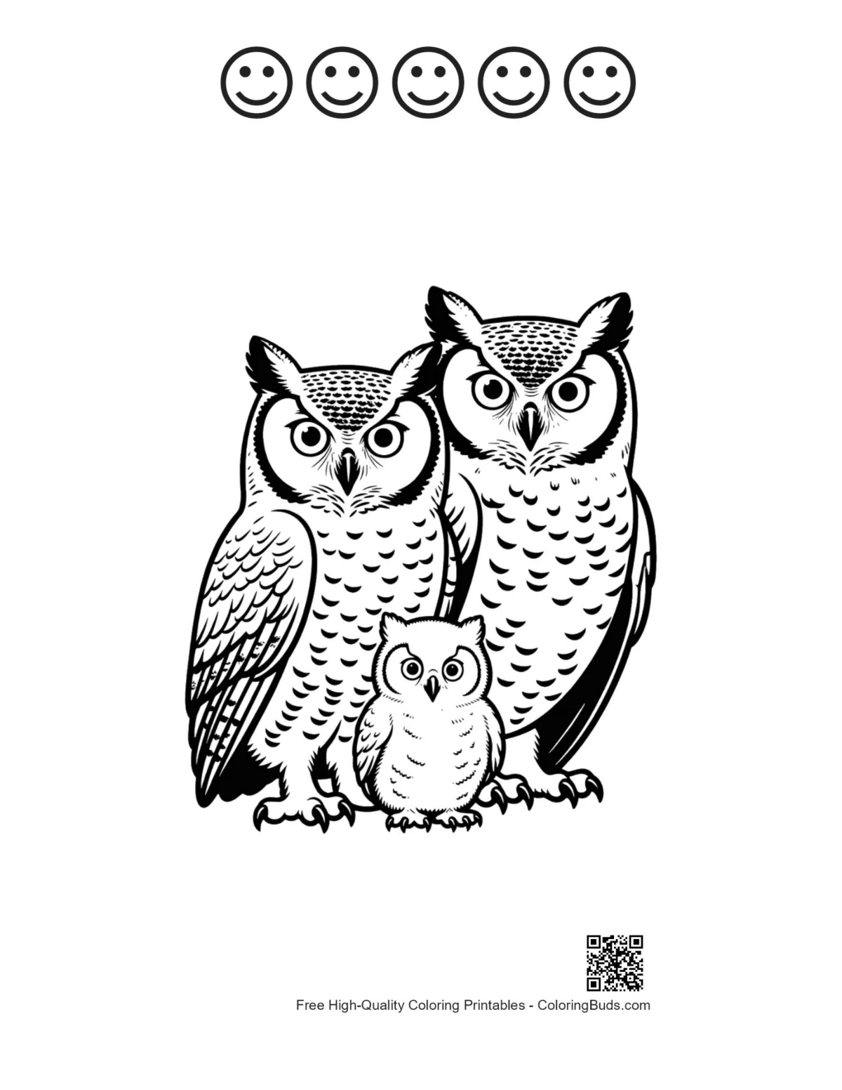 Great Horned Owl family with happy faces printable