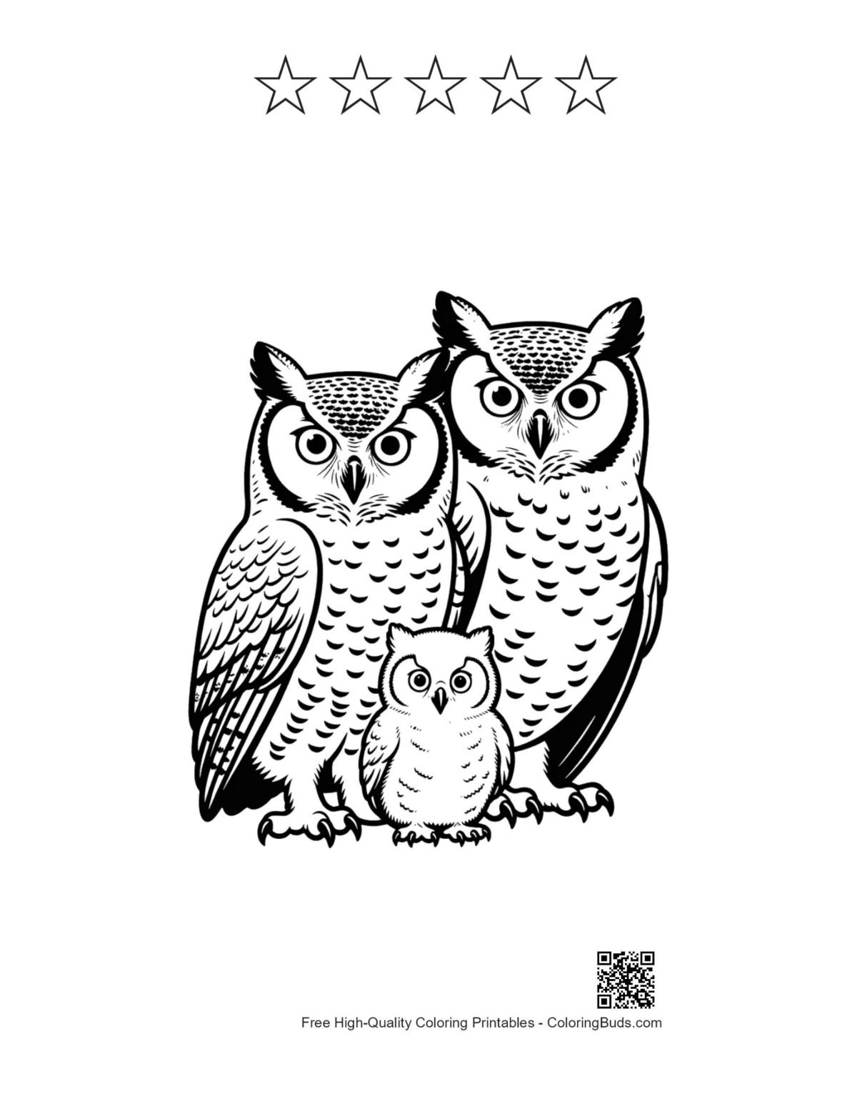 Great Horned Owl trio with star outlines printable