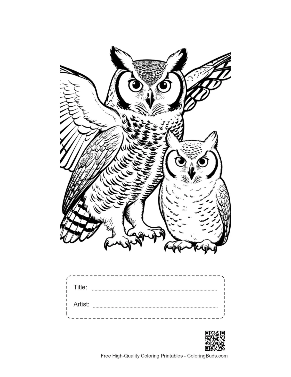 Printable great horned owl pair with title box