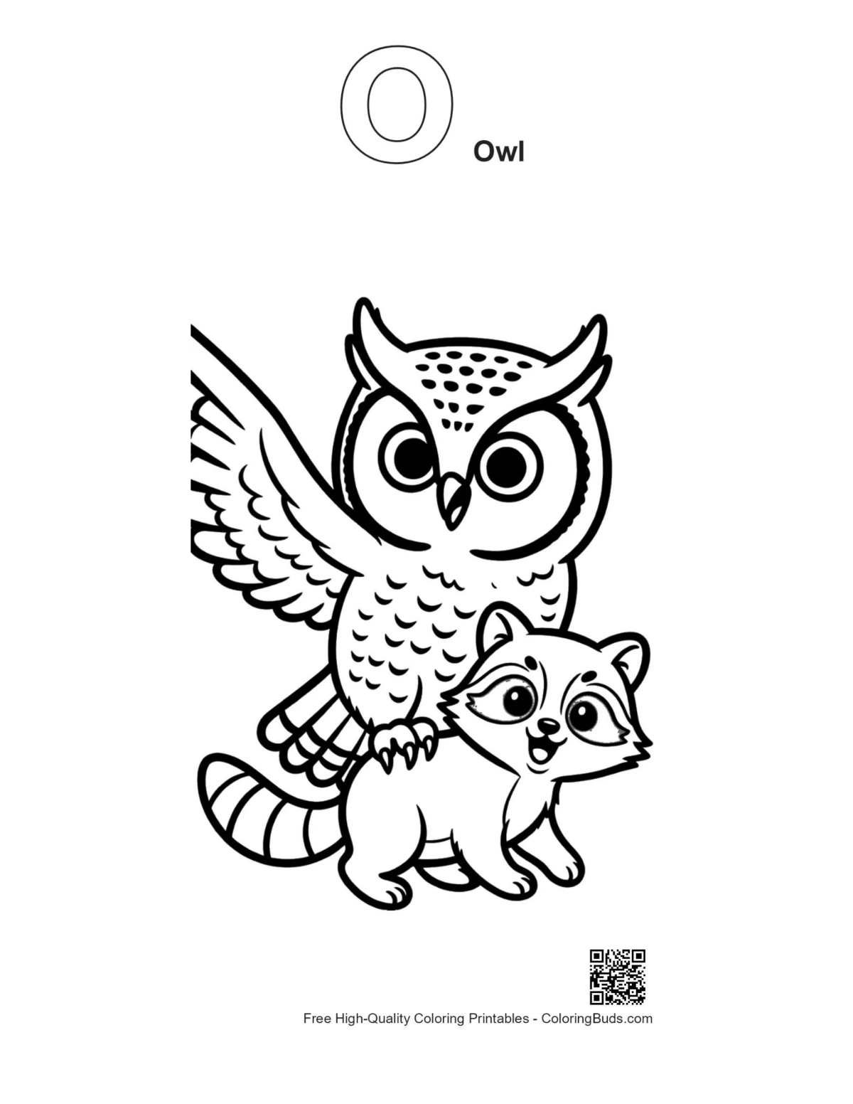 Alphabet O owl outline with great horned owl and raccoon