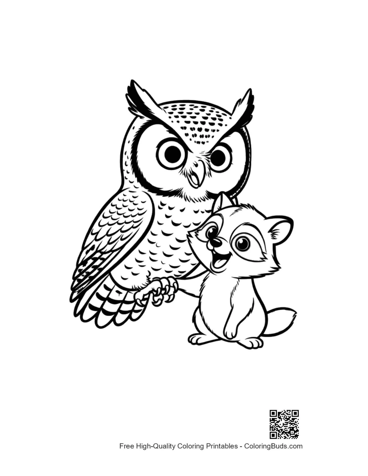 Great Horned Owl and playful fox kit wildlife illustration