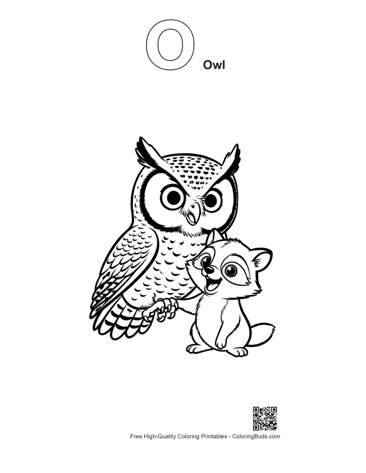 Outline printable great horned owl fox kit alphabet O