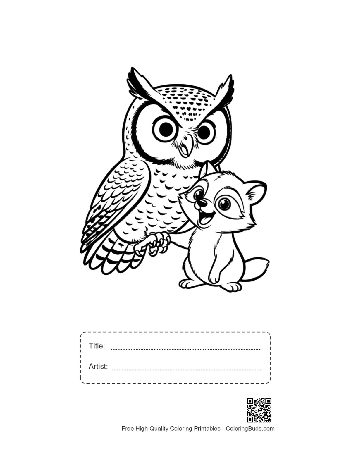 Printable great horned owl fox kit with title artist box