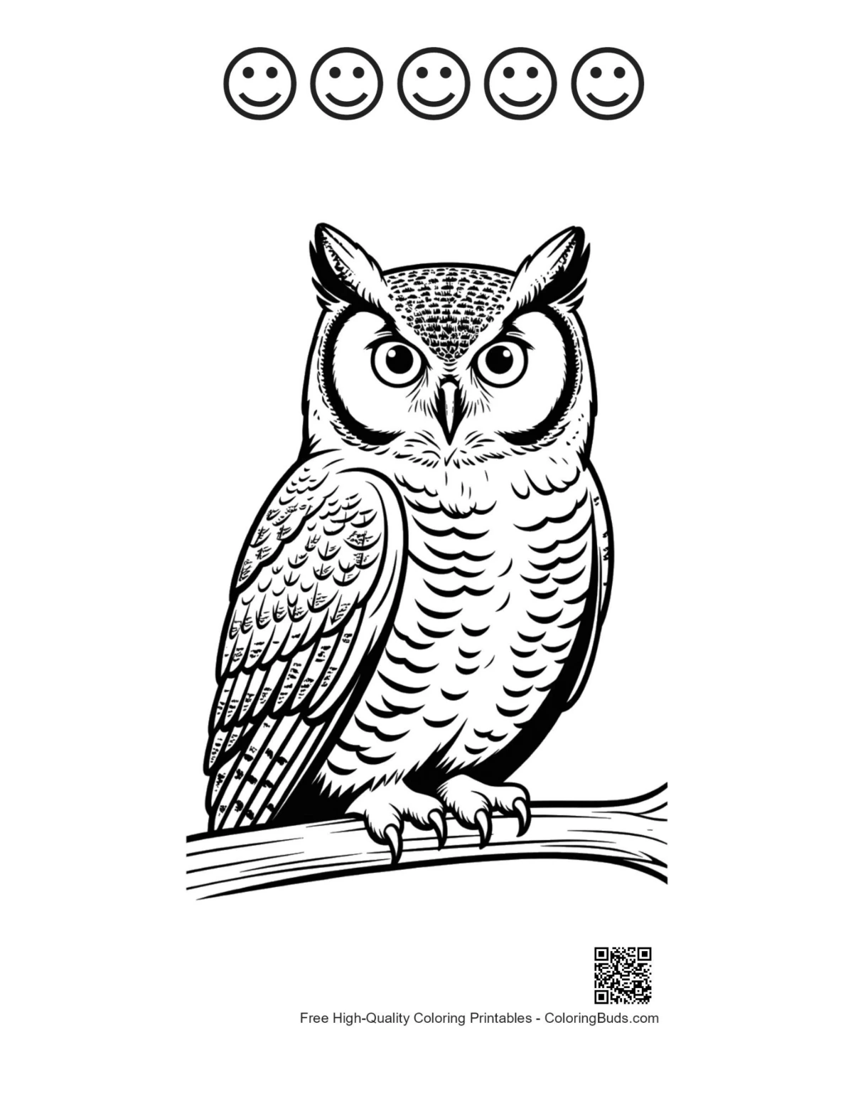 Great horned owl with 5 happy face outlines printable