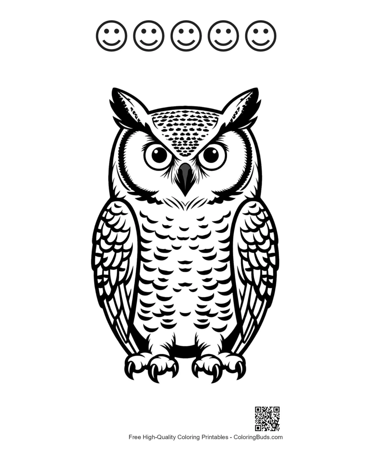 Great horned owl printable with happy faces