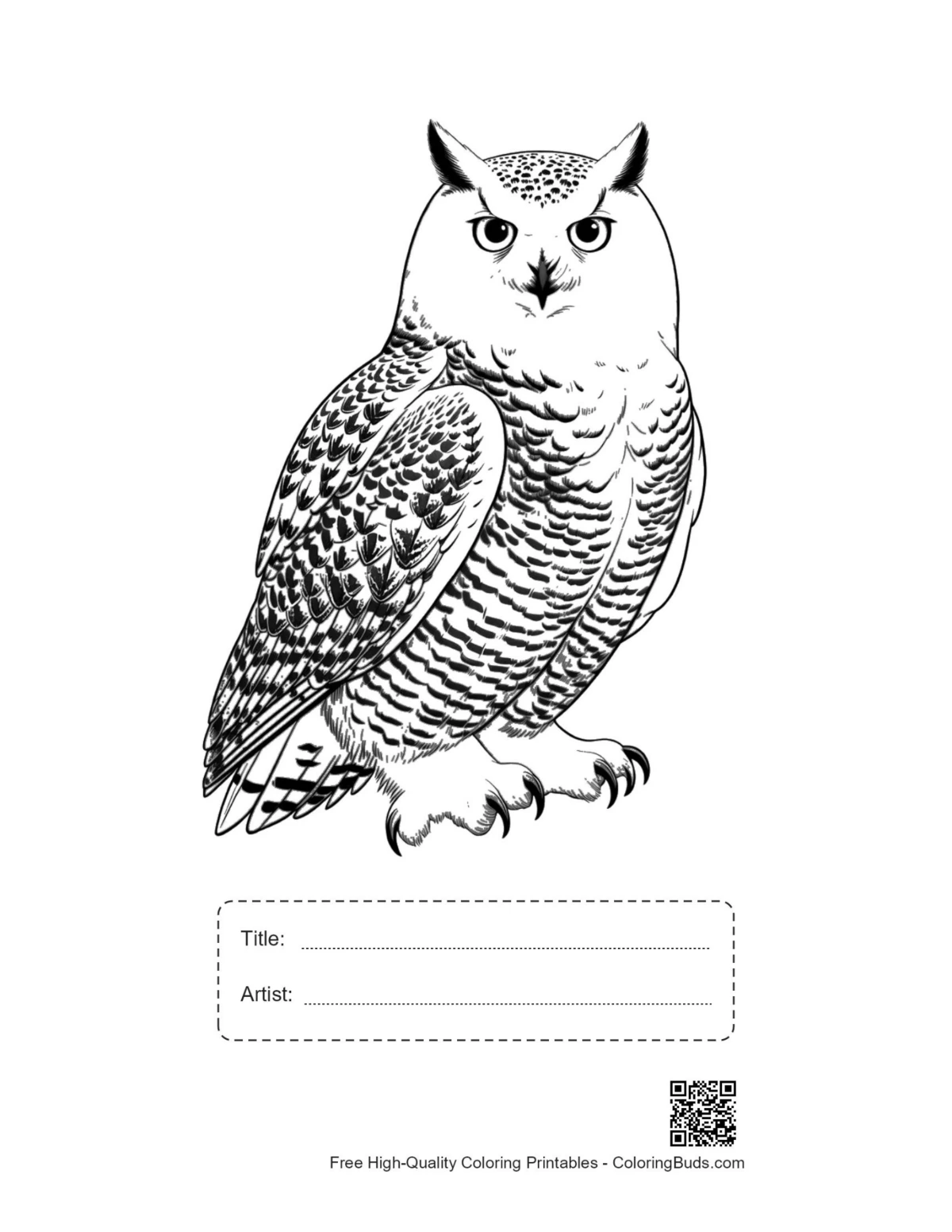 Printable snowy owl line art with title box