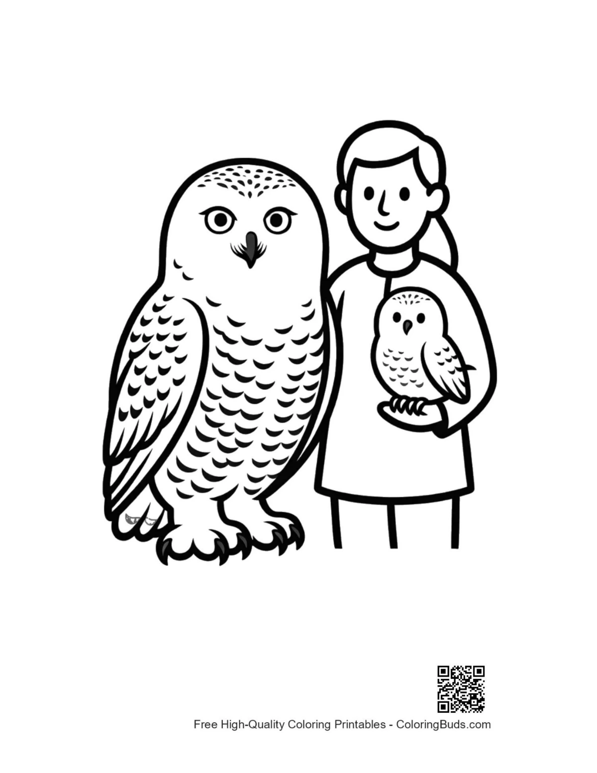 Smiling girl with big and baby snowy owls illustration