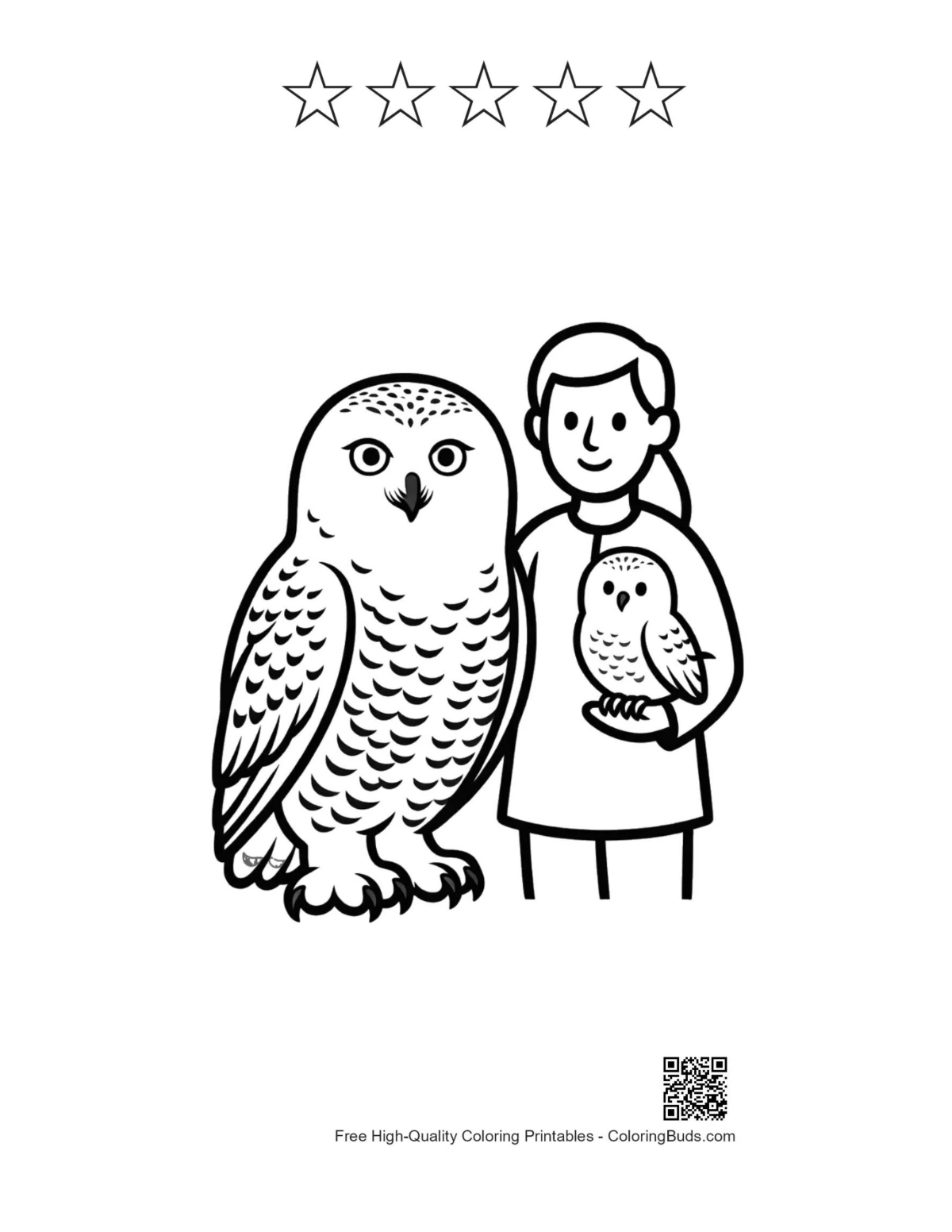 Smiling girl snowy owls printable with star outlines