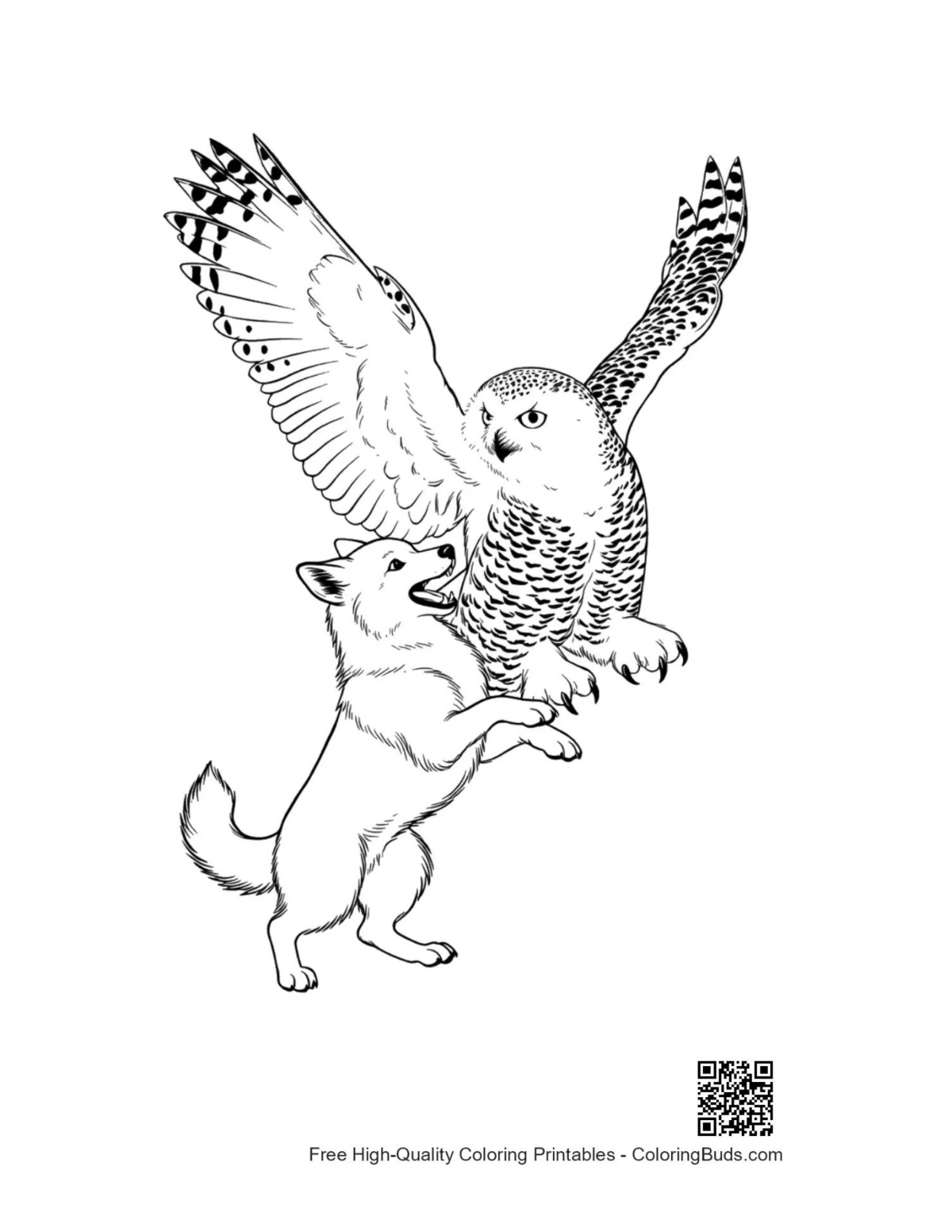 Cute Snowy Owl with playful Arctic Fox Pup illustration