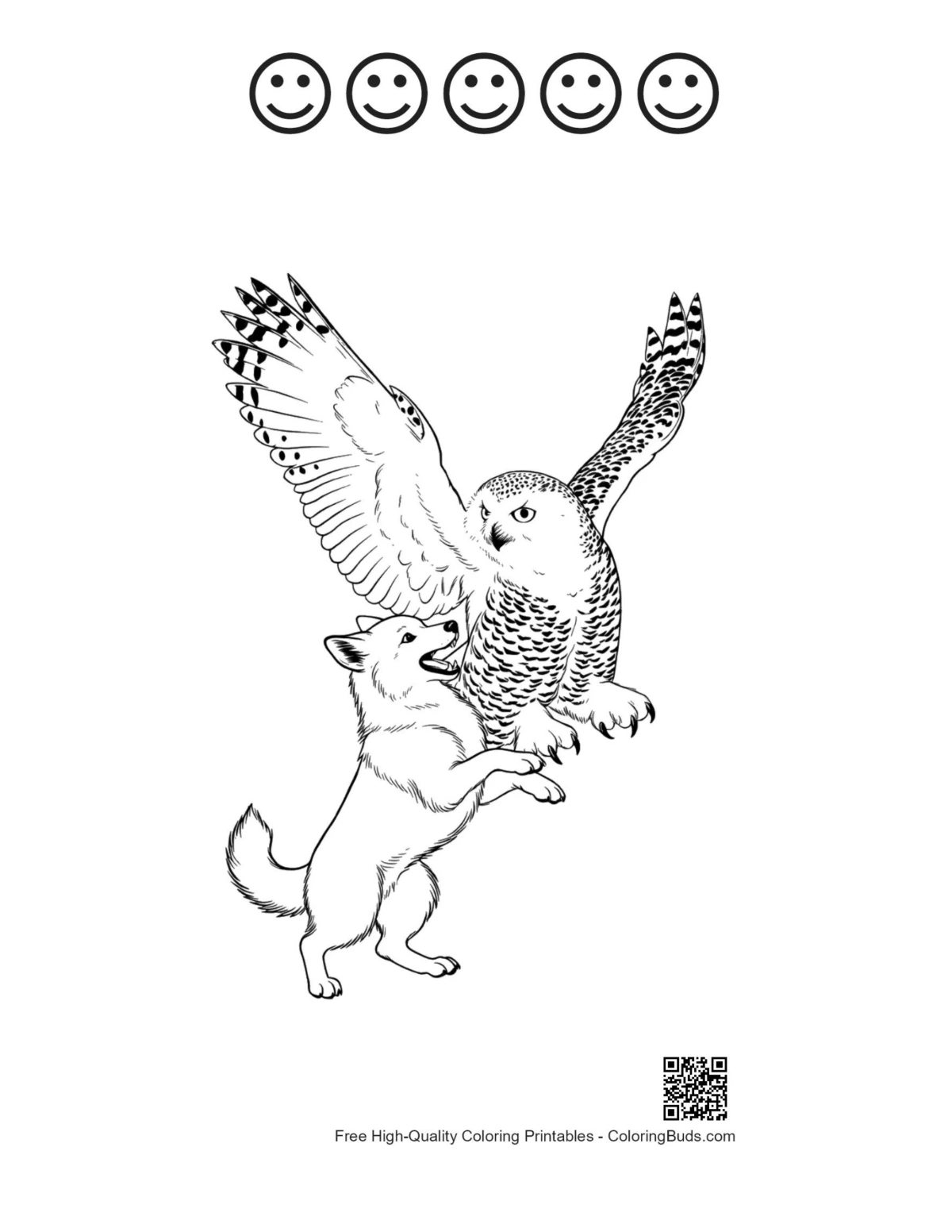 Snowy Owl Arctic Fox coloring page with 5 happy faces