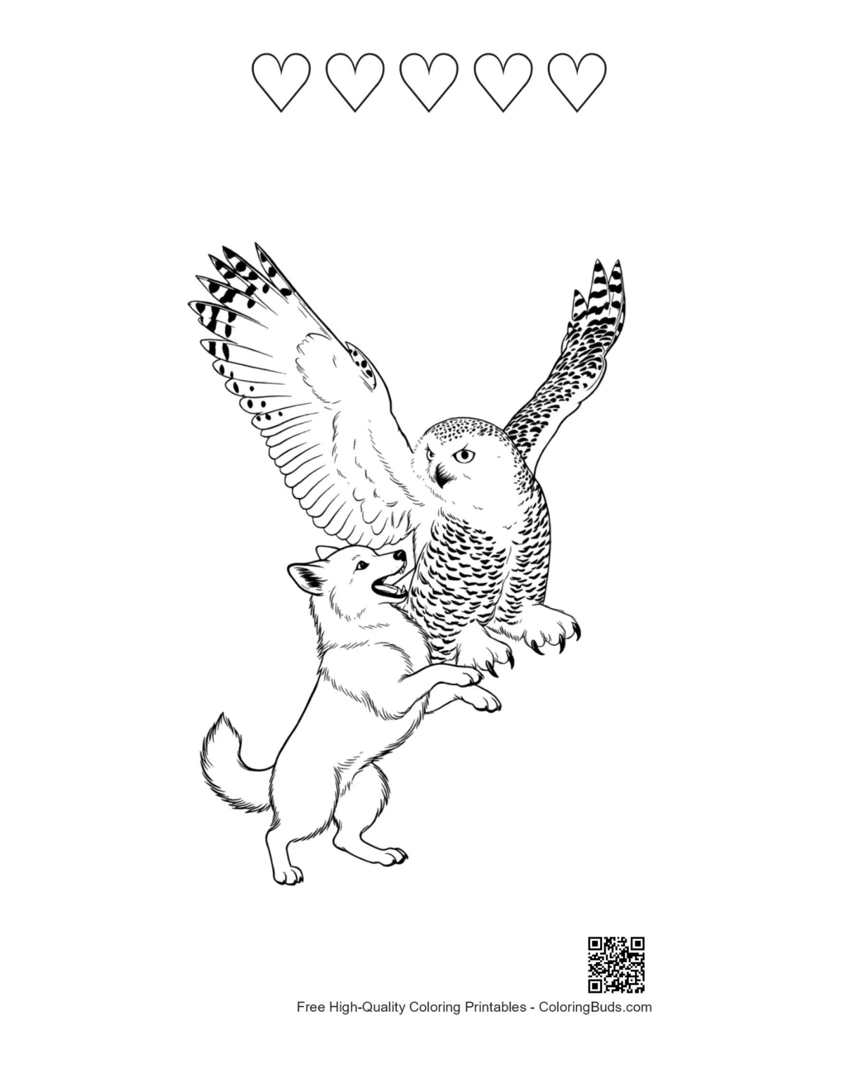 Snowy Owl pup printable featuring 5 heart outlines