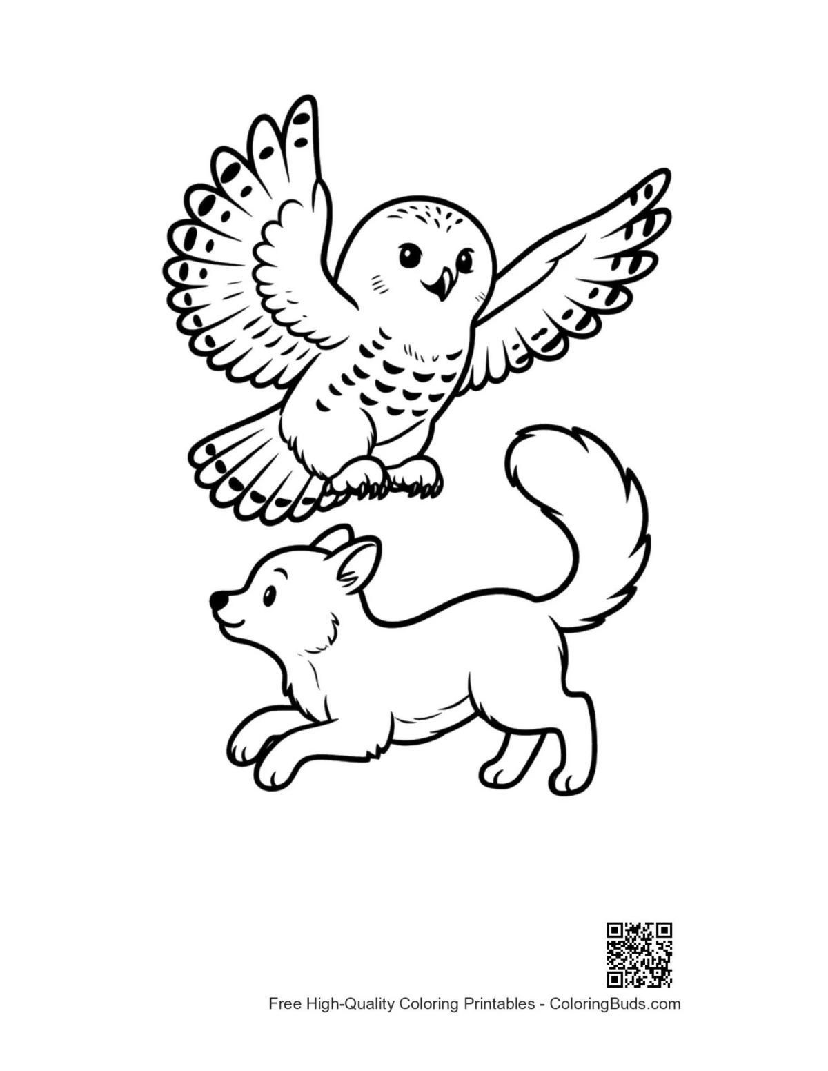 Snowy owl soaring above playful arctic fox