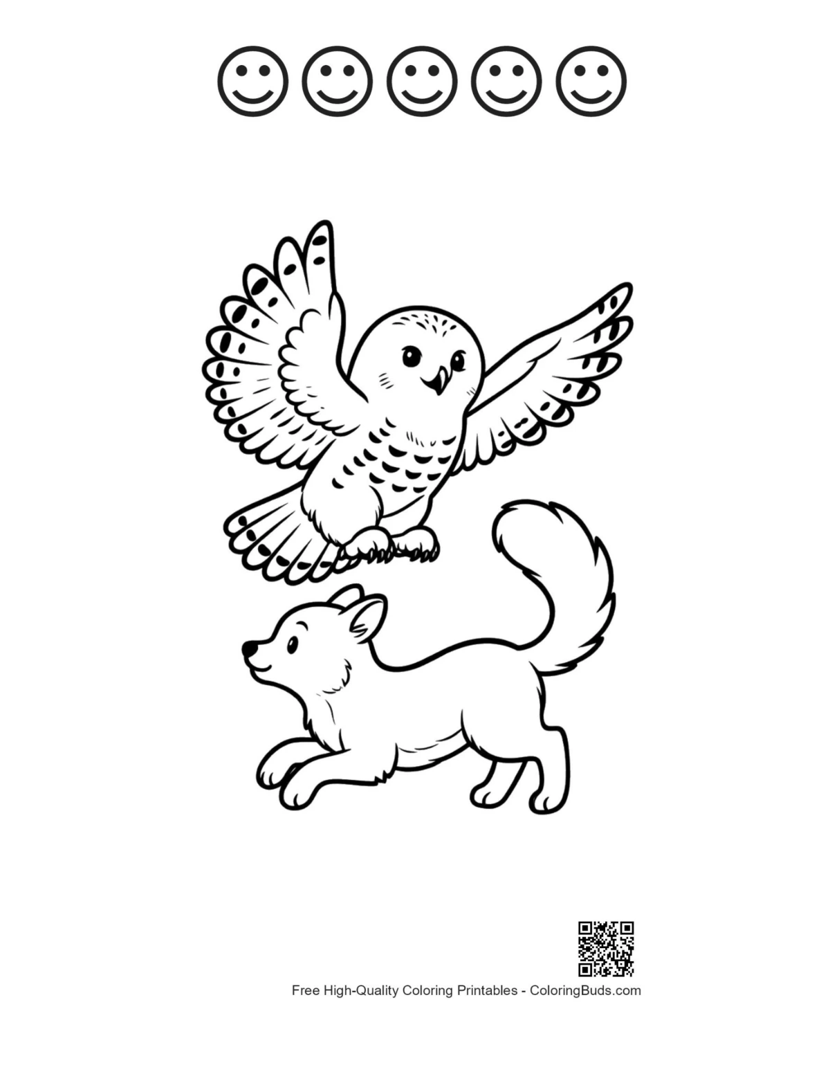 Playful snowy owl fox outline with happy faces
