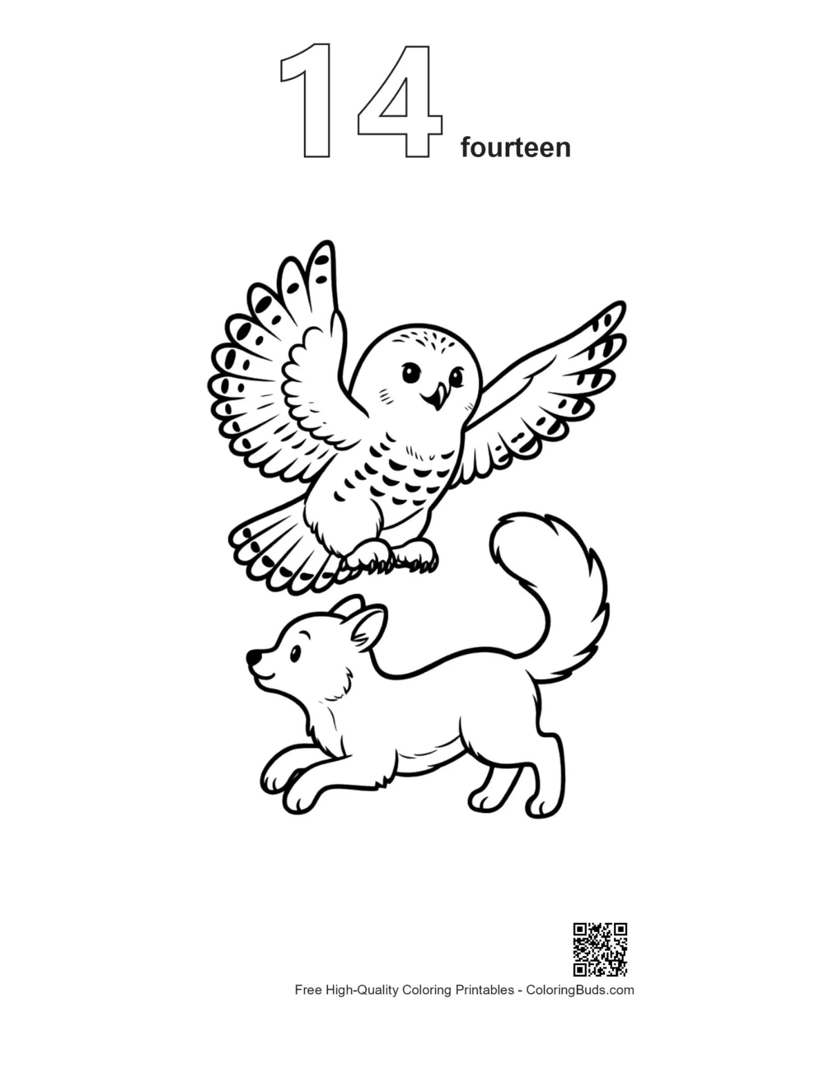 Outline snowy owl flying over arctic fox number 14