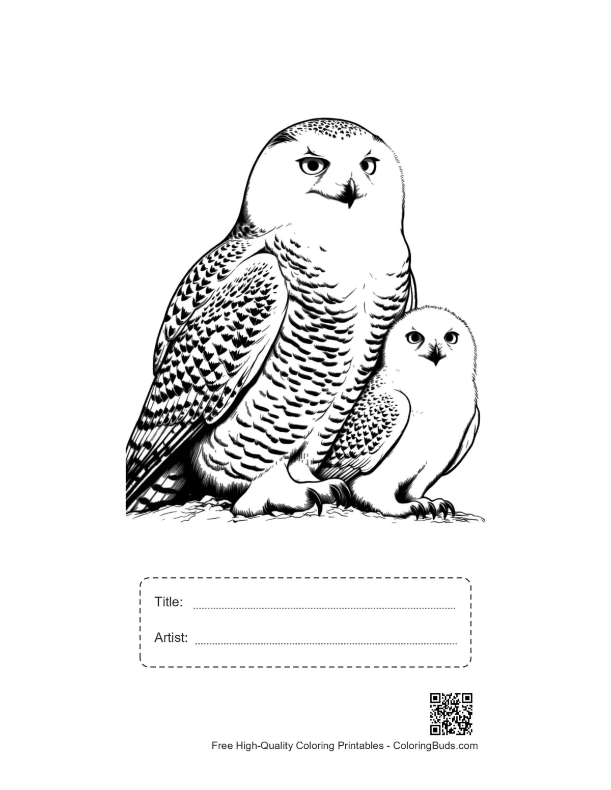 Printable snowy owl mother and owlet with title box