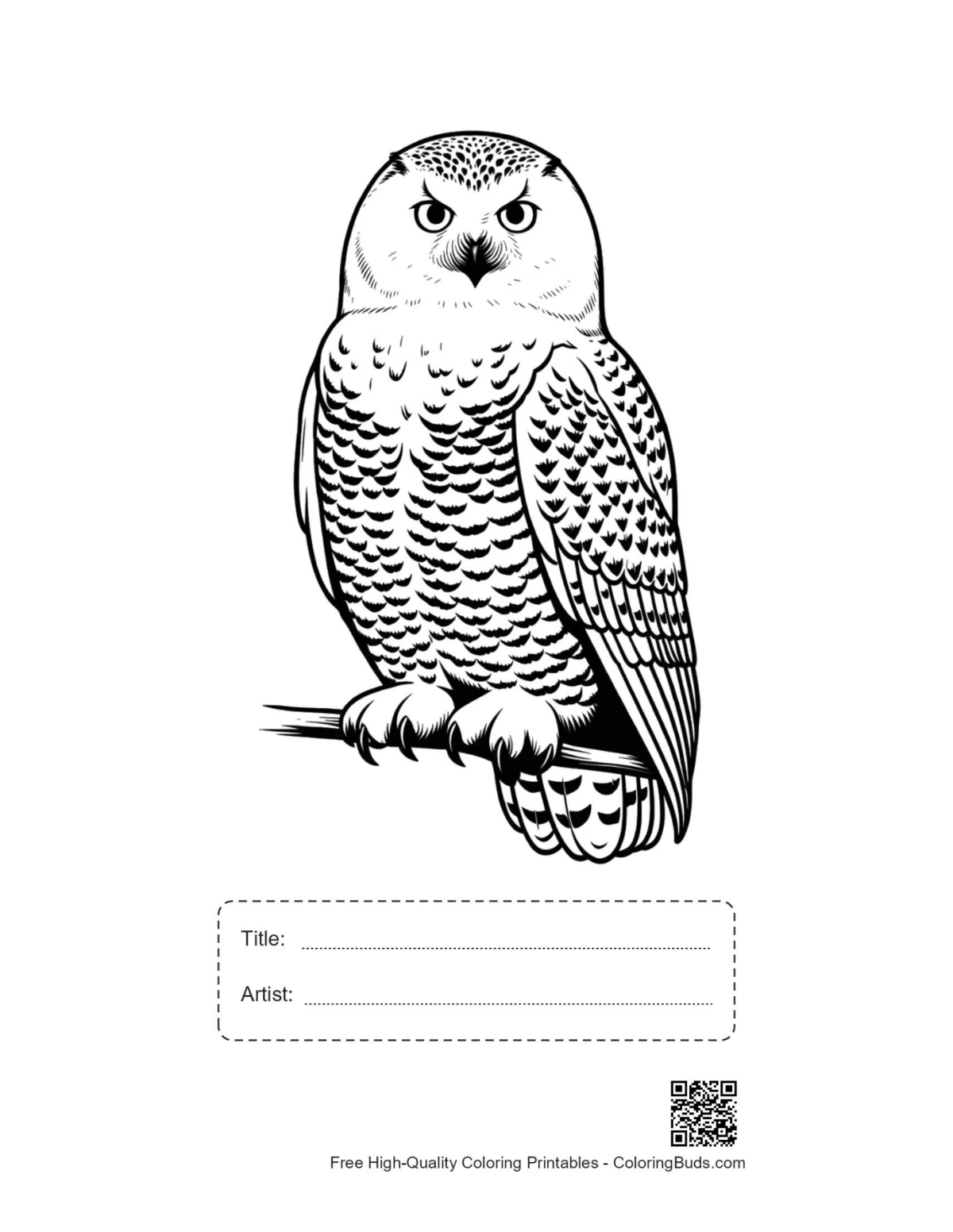 Snowy owl printable with title and artist space