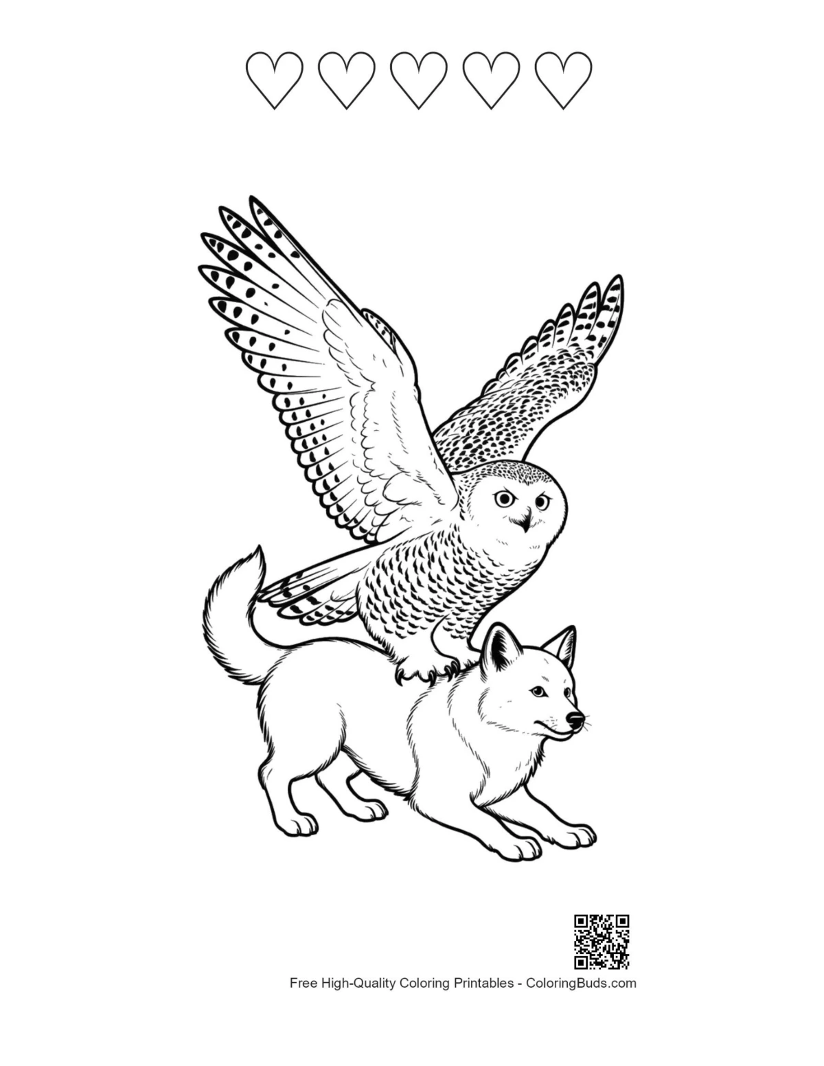 Heart outline printable snowy owl on fox
