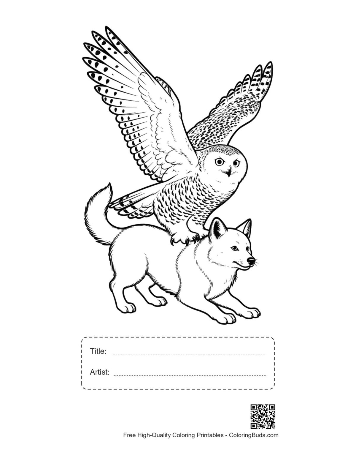 Printable snowy owl atop arctic fox with title box