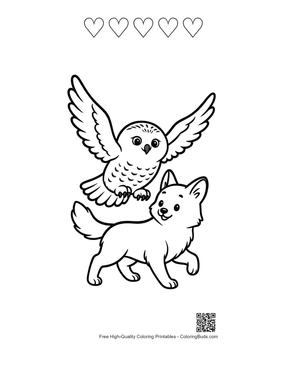 Heart-themed snowy owl over arctic fox outline printable