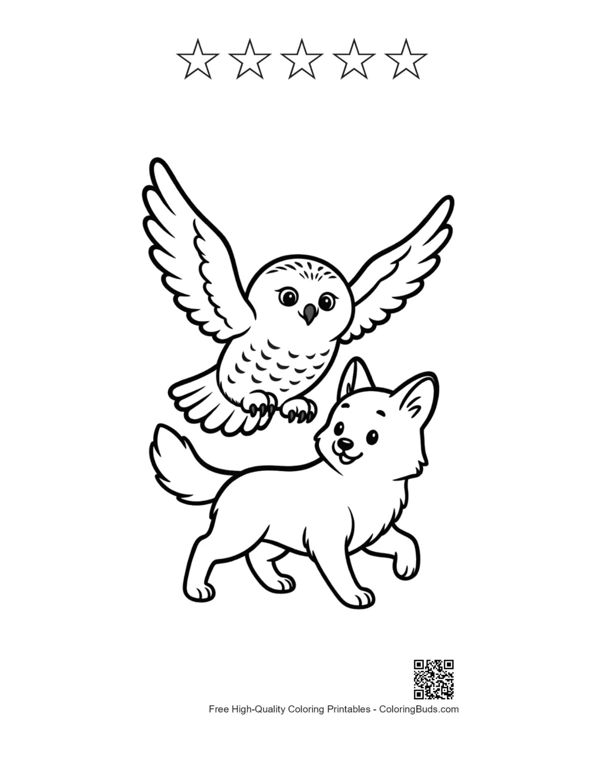 Snowy owl arctic fox printable with 5-star outline
