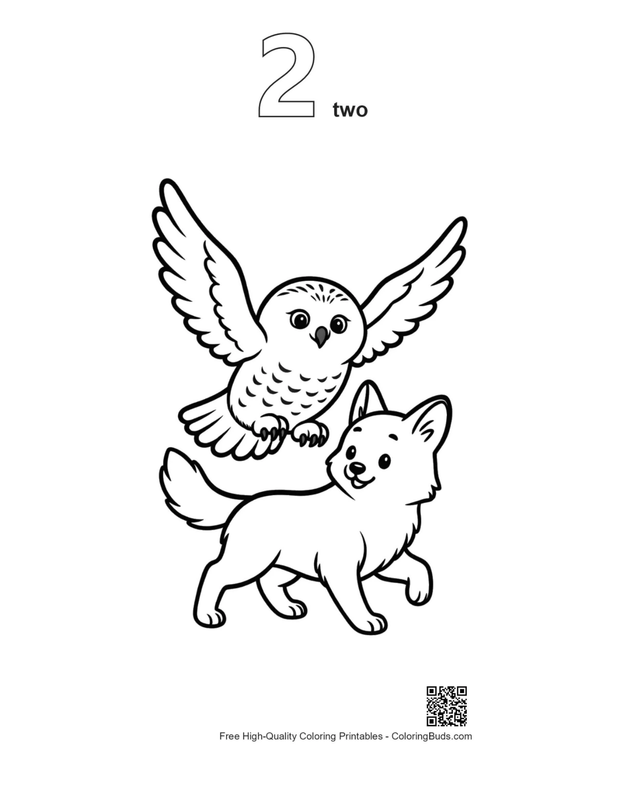 Outline version 2 of snowy owl over arctic fox printable