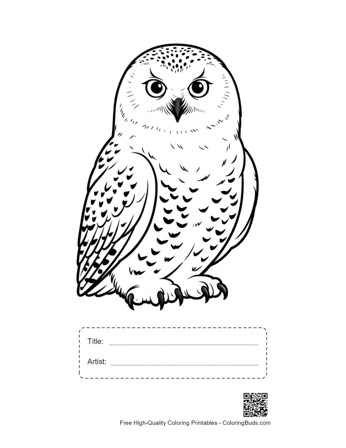 Printable snowy owl design with title and artist space
