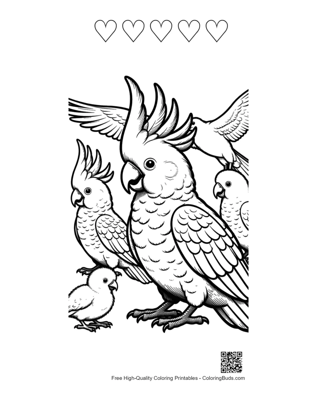 Cockatoo family gathering with heart outline printable