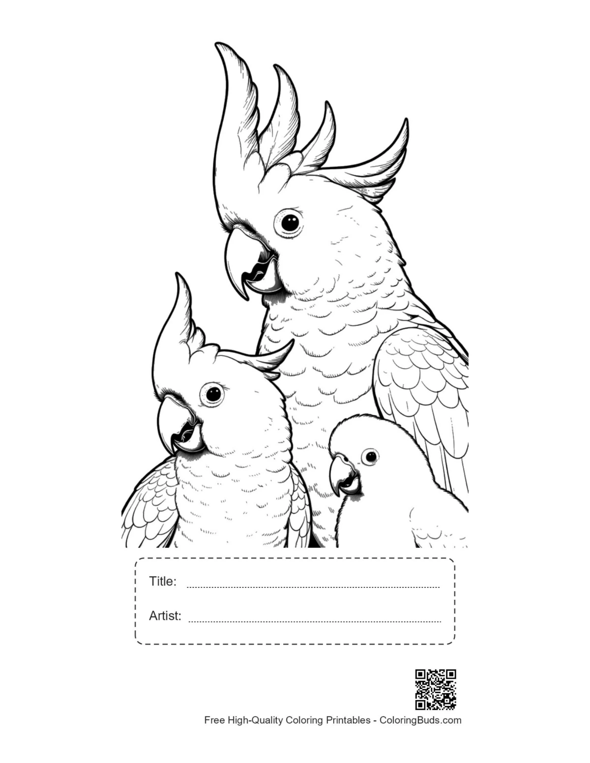 Printable cockatoo line art with title box