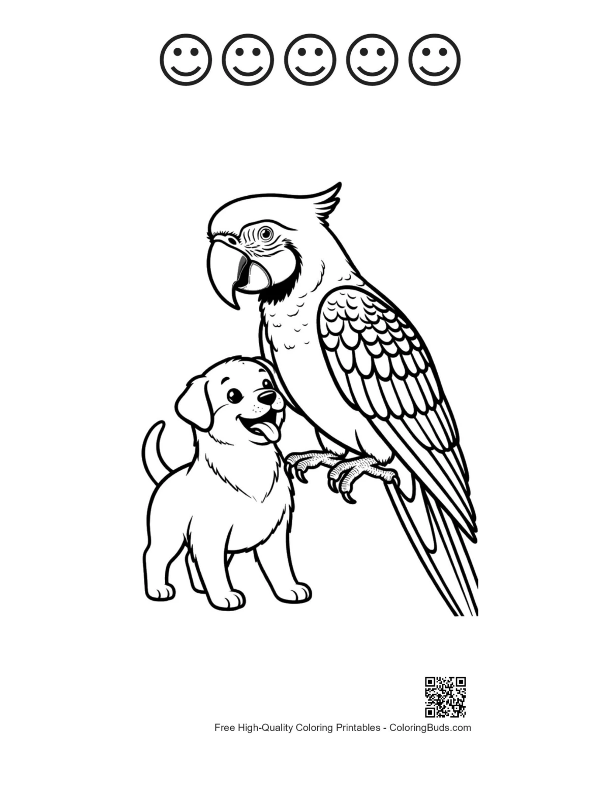 Cheerful macaw and puppy duo with happy faces outline